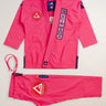 Pink Ripstop Lite Women’s BJJ kimono set by adidas and Gracie Barra, featuring military-grade ripstop jacket, drawstring pants, and embroidered Red Shield patch.