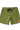 Front view of the green Gracie Barra Red Shield Classic Premium Boardshort showing the straight leg fit, bar-tack reinforced fly, and black drawcords.