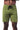 Front view of the green Gracie Barra Red Shield Classic Premium Boardshort showing the straight leg fit, bar-tack reinforced fly, and black drawcords.