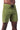 Side view of the green Gracie Barra Red Shield boardshort showing the zippered right hip pocket, straight leg fit, and black rubber-tipped drawcords.