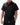 Stacked Button Up in Black — front view on model showing the short-sleeve button-up with chest pocket and curved hem, worn with black pants.
