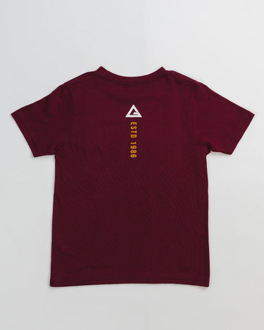 Back of maroon youth t-shirt with white Legacy G logo and yellow "ESTD 1986" text.