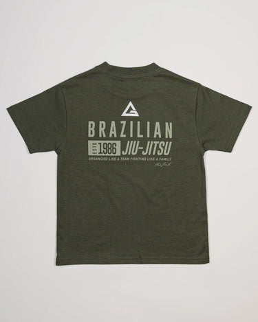 Back view of green Tactical Kids Tee with Legacy G logo and “Brazilian Jiu-Jitsu” text in bold design.