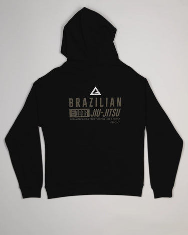 Back view of black Tactical Men’s Hoodie with Legacy G logo and “Brazilian Jiu-Jitsu” text in bold design.
