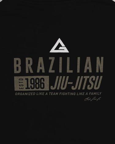 Close-up of back print on black Tactical Men’s Hoodie with Legacy G logo and “Brazilian Jiu-Jitsu” text.