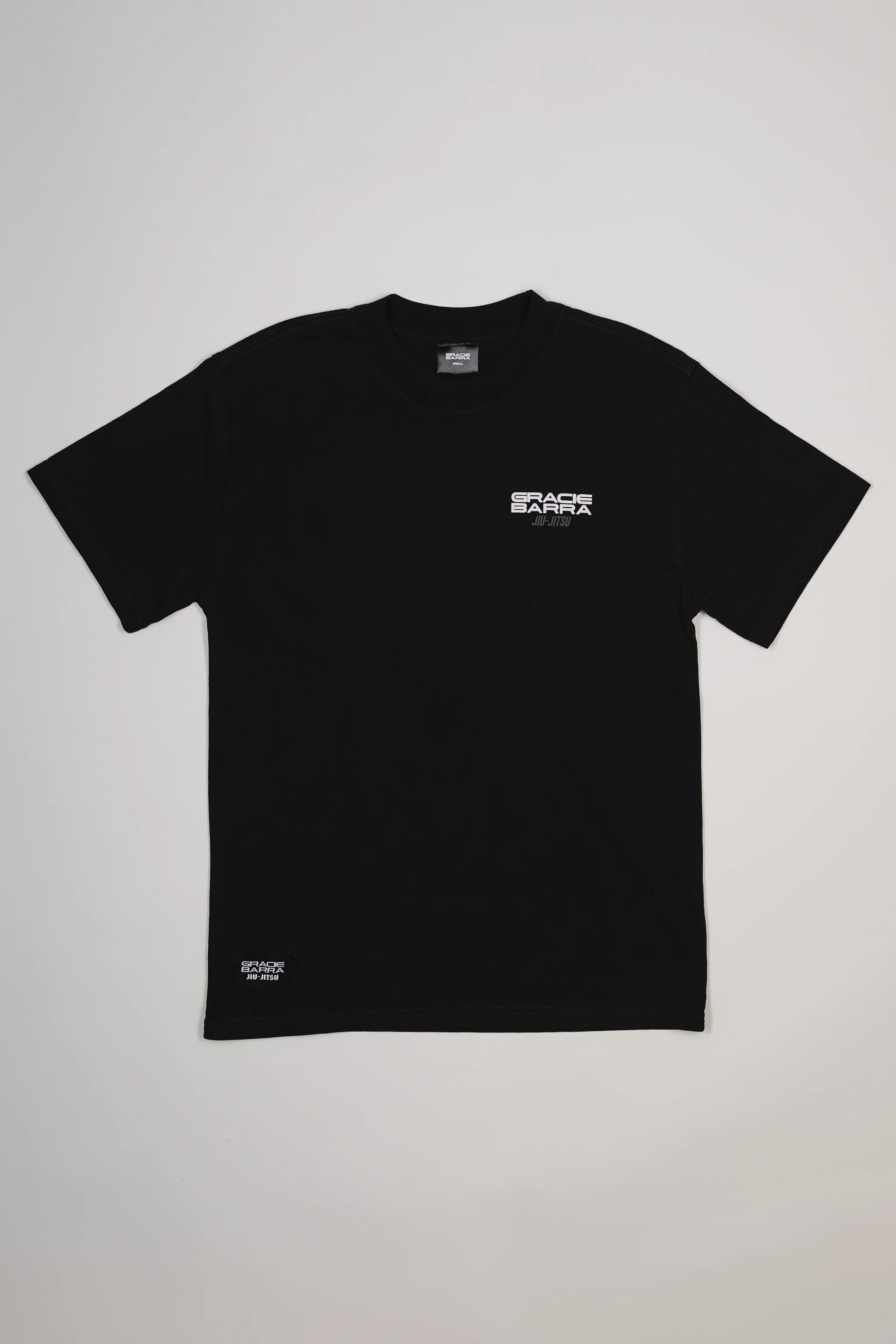 Front view of Tactical Men’s Tee in black featuring small Gracie Barra logo on the left chest, displayed on a light gray background.