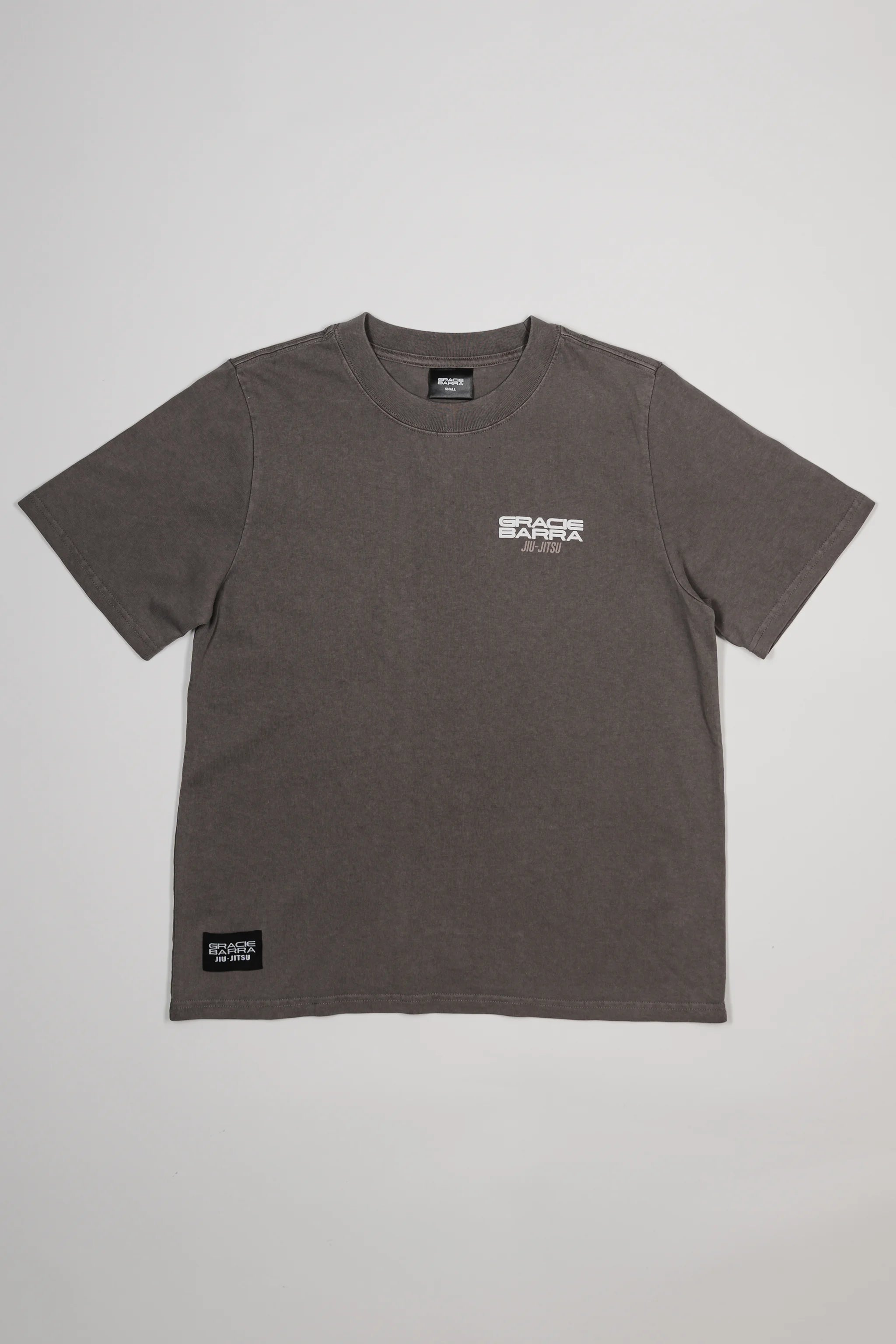 Front view of the Tactical Women’s Tee in gray with white Gracie Barra Jiu-Jitsu logo on the chest, displayed on a light gray background.