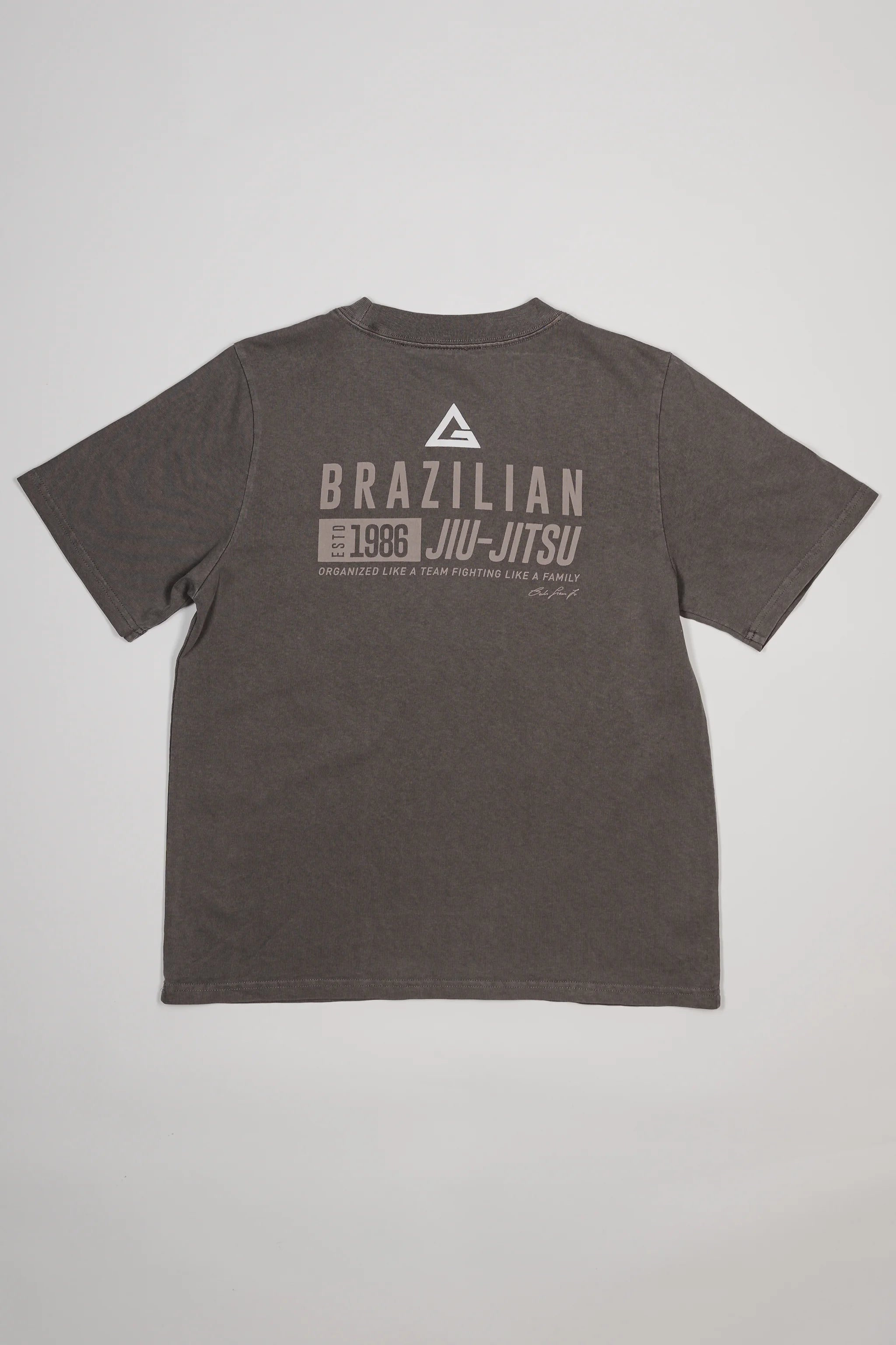 Back view of Tactical Women’s Tee in gray with Legacy G logo and “Brazilian Jiu-Jitsu” text printed across the upper back, displayed on a light gray background.