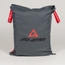 Grey GB Tech Wash Bag made from PU-coated ripstop with red Gracie Barra drawcords and Legacy G Jiu-Jitsu logo on the front.