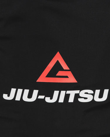 Close-up of GB Tech Wash Bag in black with Legacy G logo in red and white Jiu-Jitsu text printed on durable PU-coated ripstop fabric.