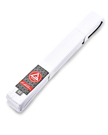 White GB Edition Light Adult Belt shown in a diagonal view, featuring reinforced stitching, the Red Shield label, and the black sleeve for rank stripes.